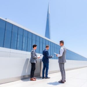 a group of men standing outside a building