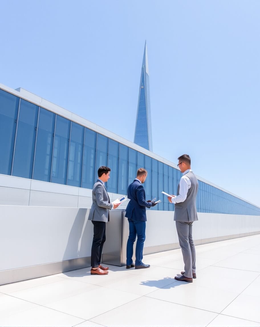 a group of men standing outside a building