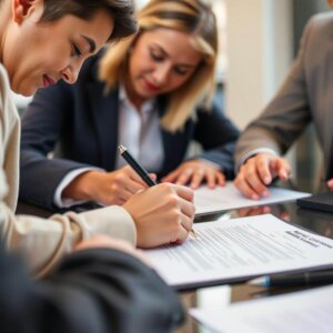 a group of people signing papers