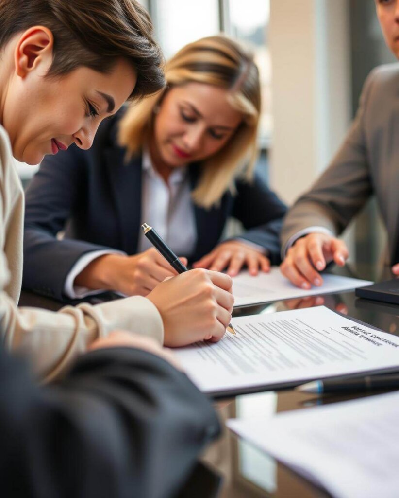 a group of people signing papers