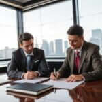 two men sitting at a table signing papers