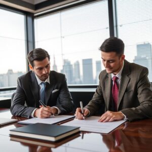 two men sitting at a table signing papers