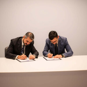 two men sitting at a table signing papers