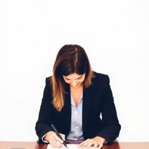 a woman writing on a piece of paper