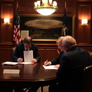 a group of people sitting at a table signing papers