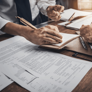 a person holding a pen over a notebook