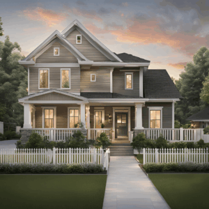 a house with a white fence and trees