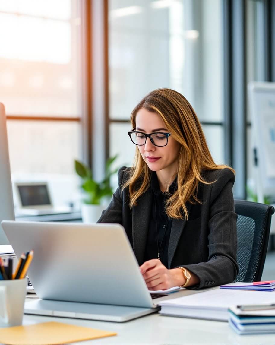 a woman sitting at a desk working on a laptop