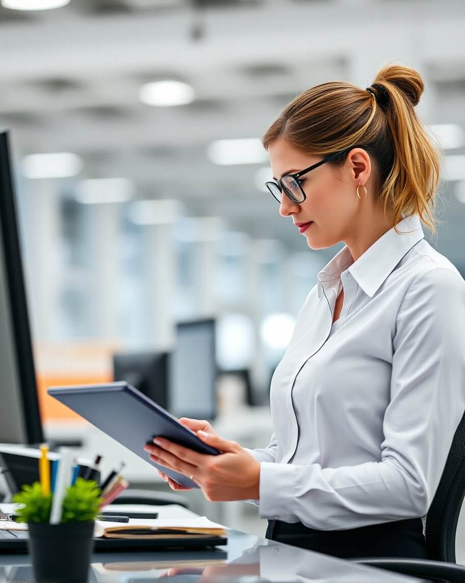 a woman in a white shirt and glasses looking at a tablet