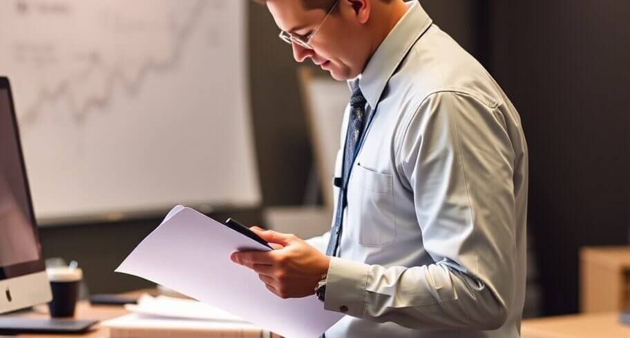 a man holding a paper and looking at a computer screen