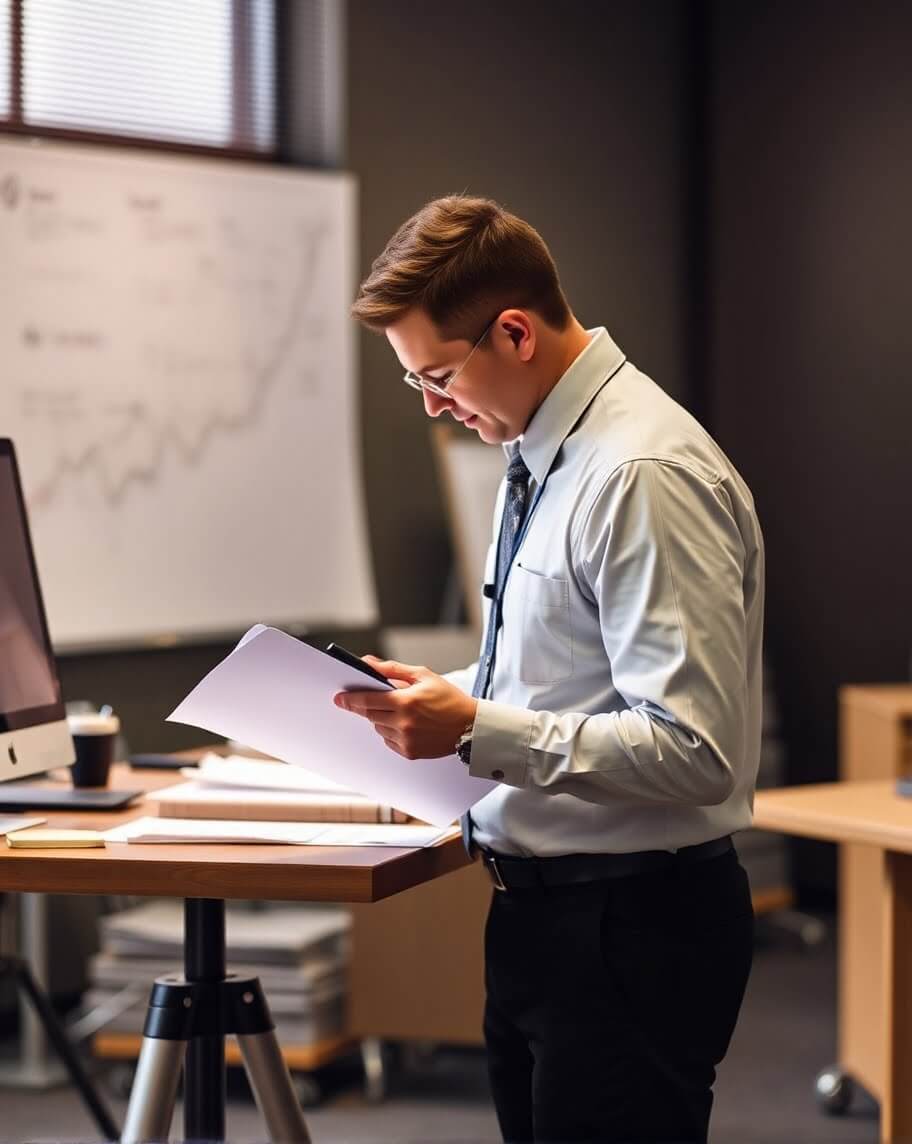 a man holding a paper and looking at a computer screen