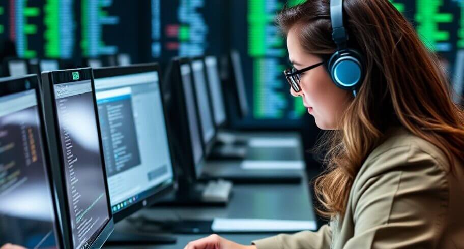 a woman wearing headphones and typing on a keyboard