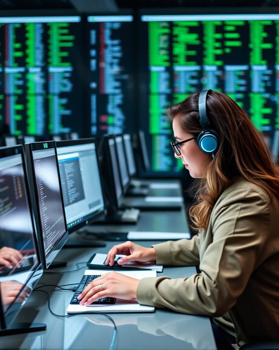 a woman wearing headphones and typing on a keyboard