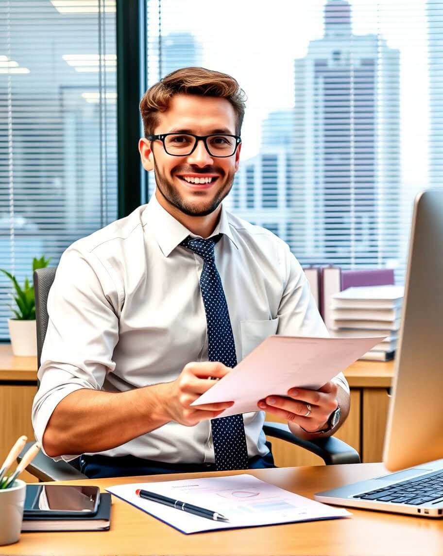 a man sitting at a desk holding a paper