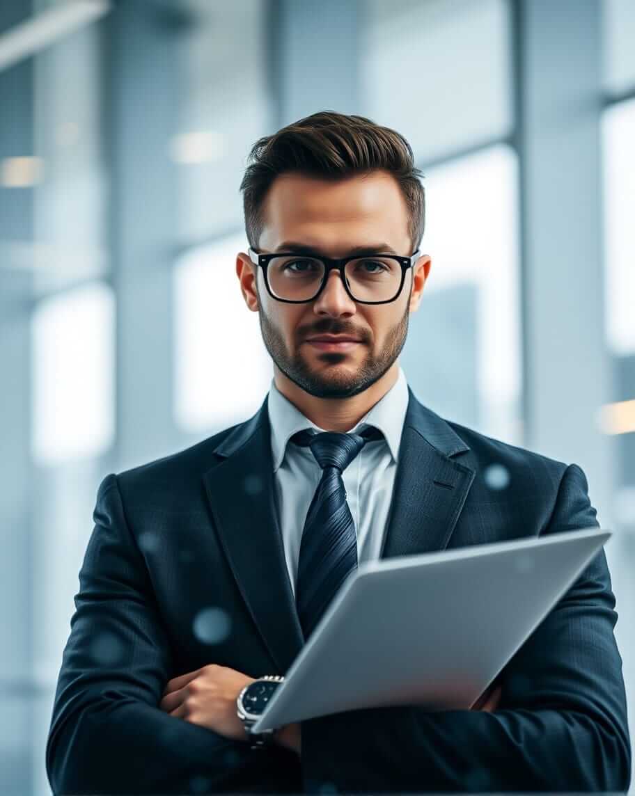 a man in a suit holding a tablet
